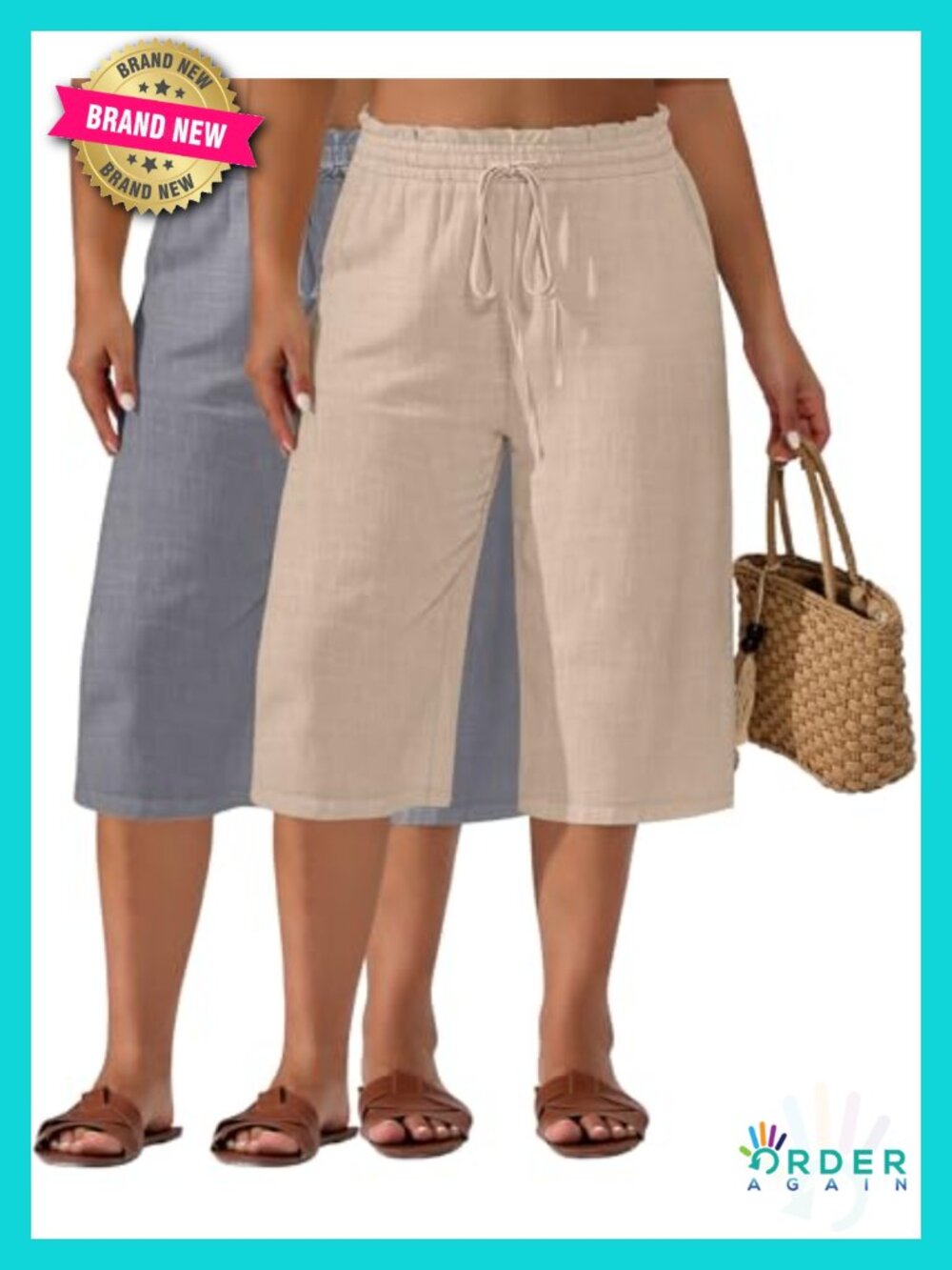 2 Pack Plus Size Linen Capris Wide Leg High Waisted Drawstring Cropped Pants